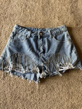 Distressed Light Blue Denim Shorts with Fringe and Rhinestone Detail